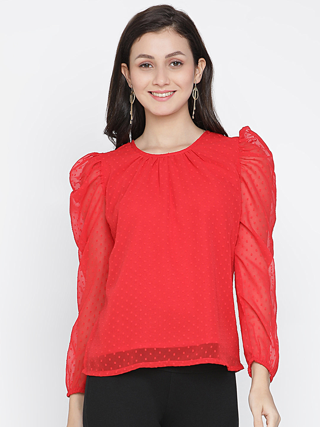 Regular,Red Top,Regular Top,Round Neck Top,Full Sleeves Top,Red Solid Top