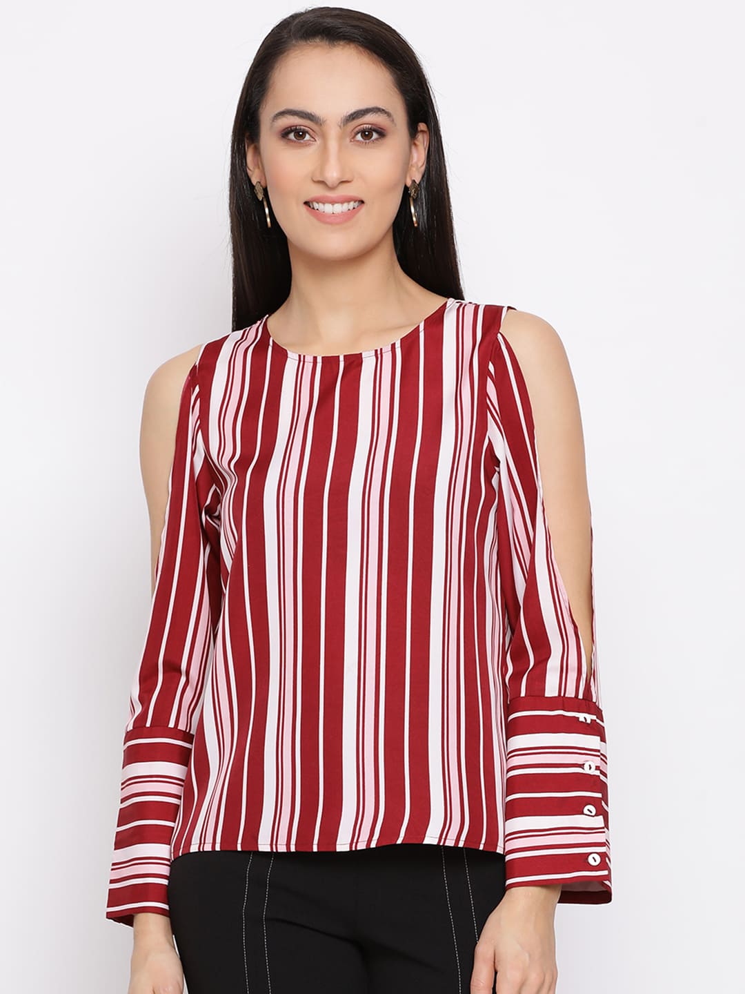 Regular,Red Top,Regular Top,Round Neck Top,Full Sleeves Top,Red Stripes Top