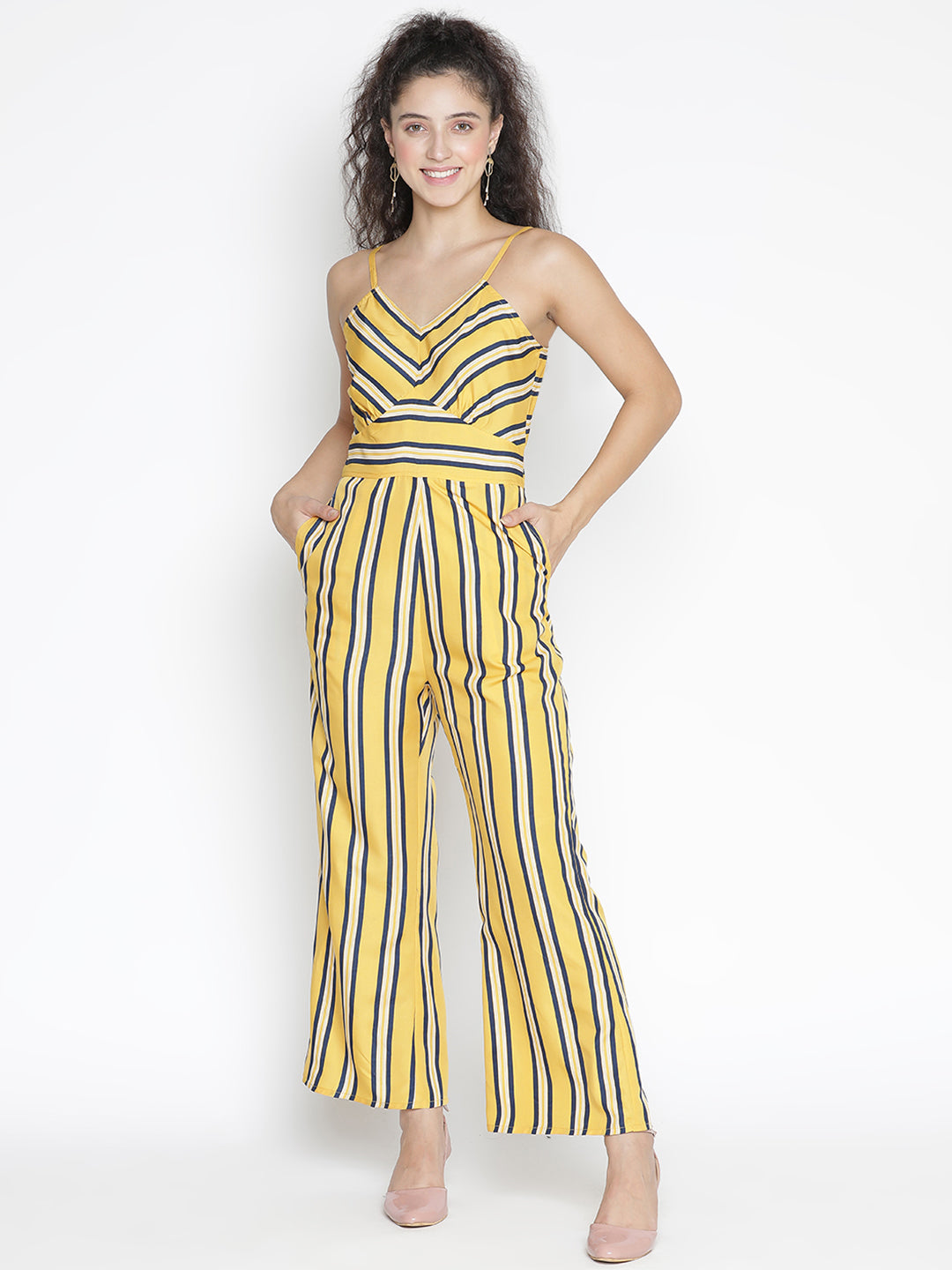 Ankle Length,Yellow Jumpsuit,Ankle Length Jumpsuit,V-Neck Jumpsuit,Sleeveless Jumpsuit,Yellow Stripes Jumpsuit