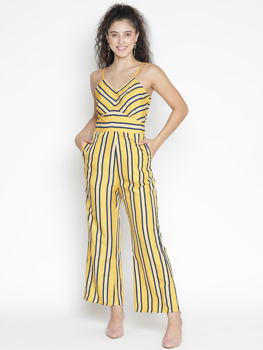 Ankle Length,Yellow Jumpsuit,Ankle Length Jumpsuit,V-Neck Jumpsuit,Sleeveless Jumpsuit,Yellow Stripes Jumpsuit