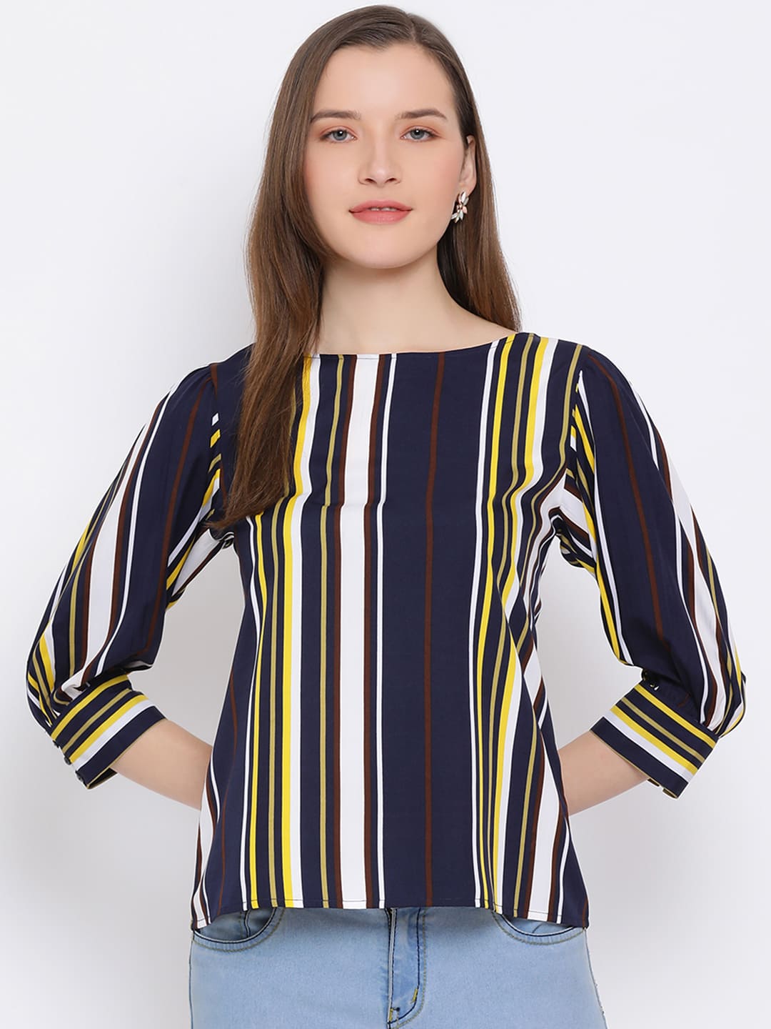 Regular,Blue Top,Regular Top,Round Neck Top,Full Sleeves Top,Blue Stripes Top