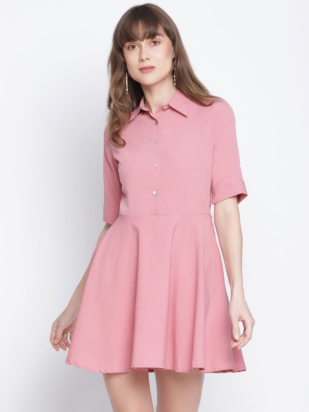 Knee Length,Pink Dress,Knee Length Dress,Collared Neck Dress,Short Sleeves Dress,Pink Solid Dress