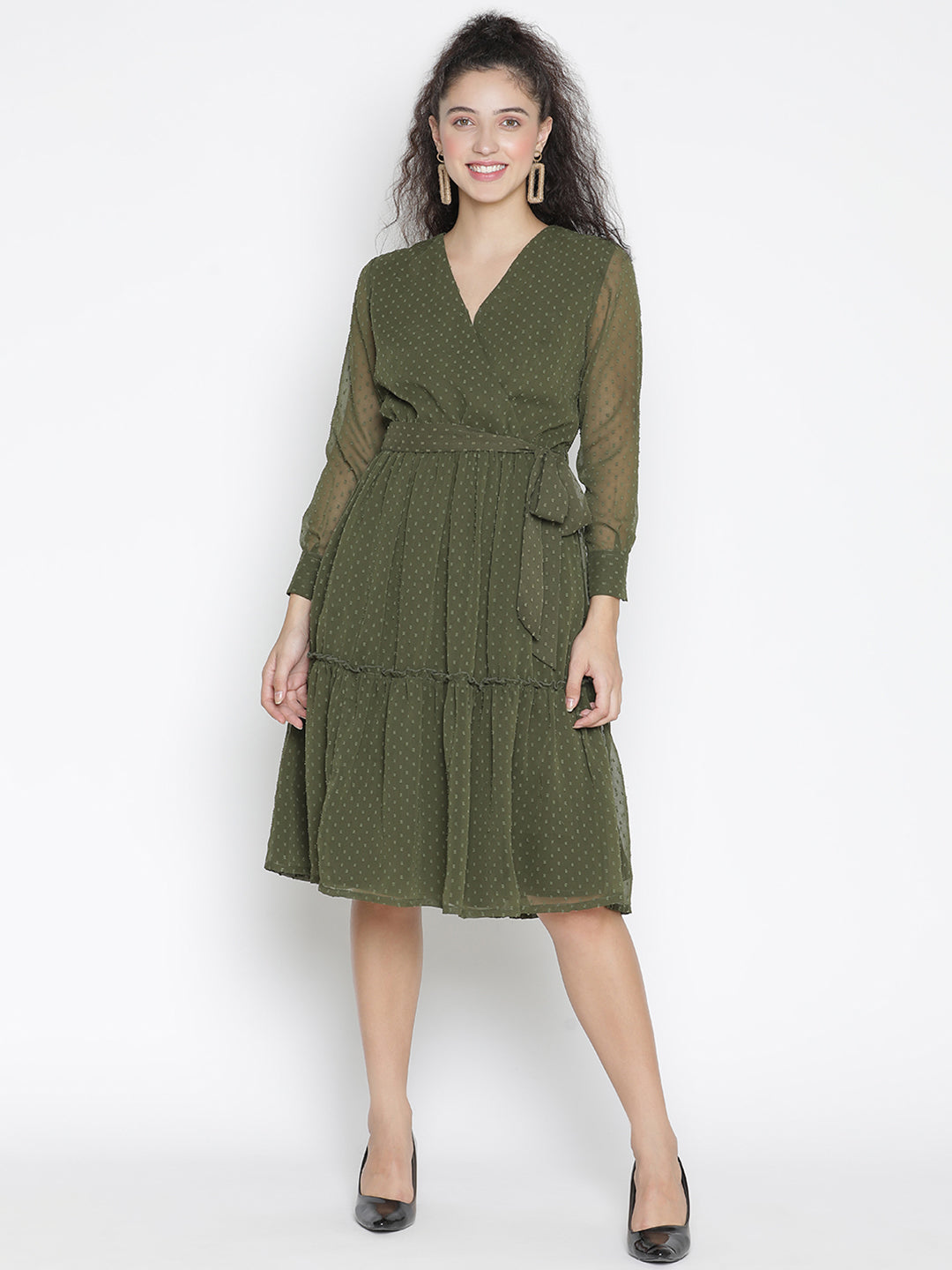 Knee Length,Green Dress,Knee Length Dress,V-Neck Dress,Full Sleeves Dress,Green Solid Dress