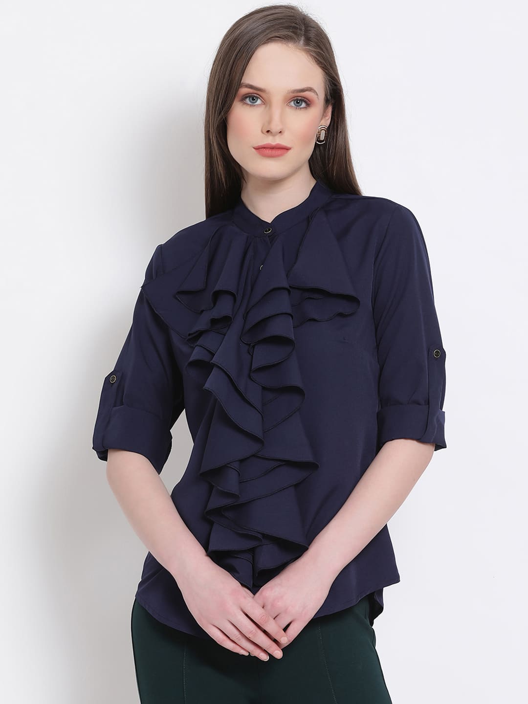 Regular,Blue Top,Regular Top,V-Neck Top,Quater Sleeves Top,Blue Solid Top