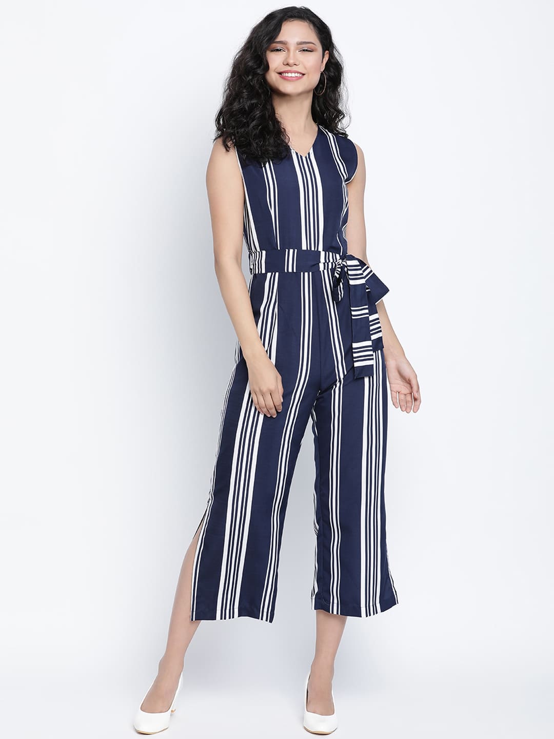 Ankle Length,Blue Jumpsuit,Ankle Length Jumpsuit,V-Neck Jumpsuit,Sleeveless Jumpsuit,Blue Stripes Jumpsuit