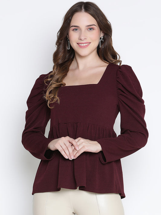 Regular,Brown Top,Regular Top,Square Neck Top,Full Sleeves Top,Brown Solid Top