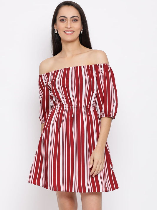 Knee Length,Red Dress,Knee Length Dress,Off Shoulder Dress,Sleeveless Dress,Red Stripes Dress