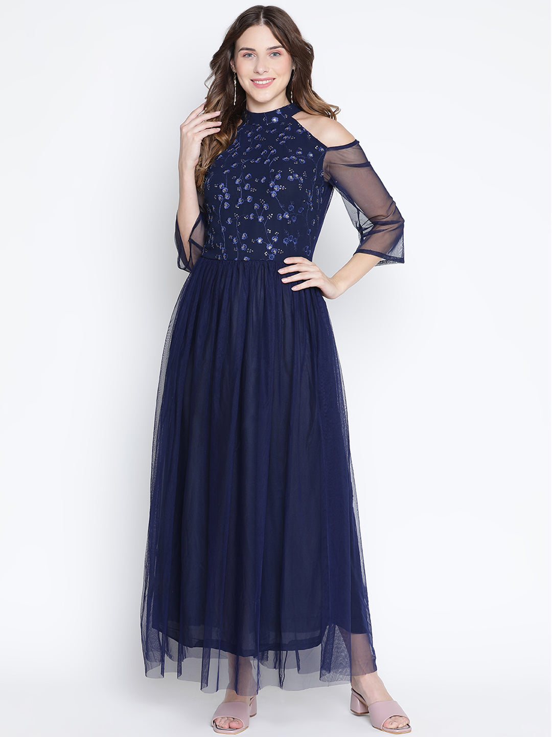 Maxi,Blue Dress,Maxi Dress,Round Neck Dress,Quater Sleeves Dress,Blue Sequined Dress