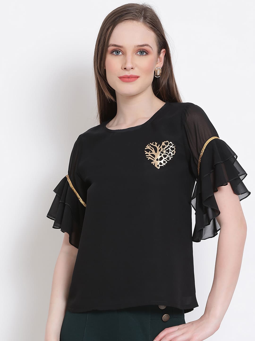 Regular,Black Top,Regular Top,Round Neck Top,Short Sleeves Top,Black Embellished Top