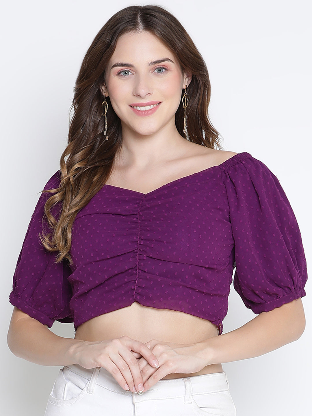 Crop Top,Purple Top,Crop Top,V-Neck Top,Short Sleeves Top,Purple Solid Top