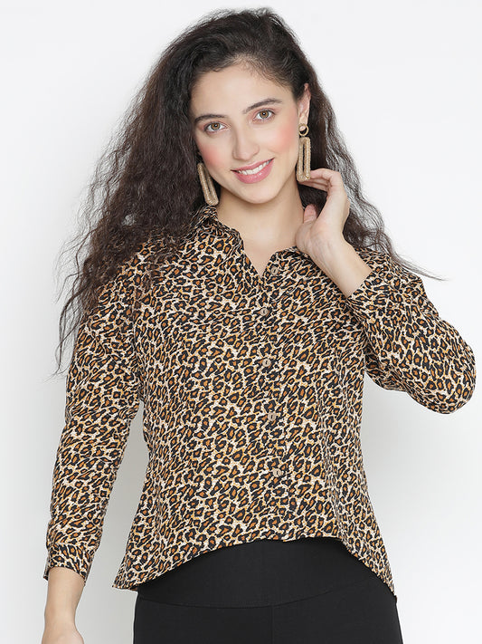 Regular,Multicolor Top,Regular Top,Collared Neck Top,Full Sleeves Top,Multi Animal Print Top