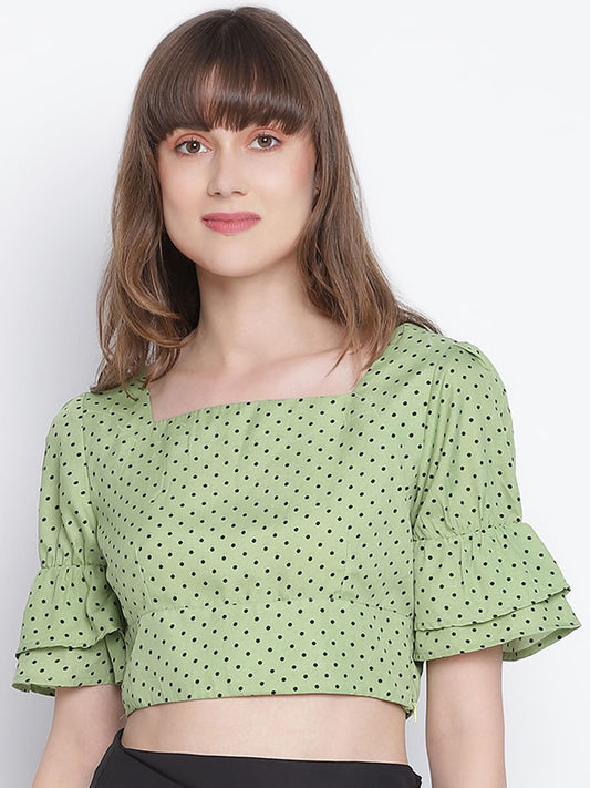 Crop Top,Green Top,Crop Top,Square Neck Top,Short Sleeves Top,Green Polka Dots Top