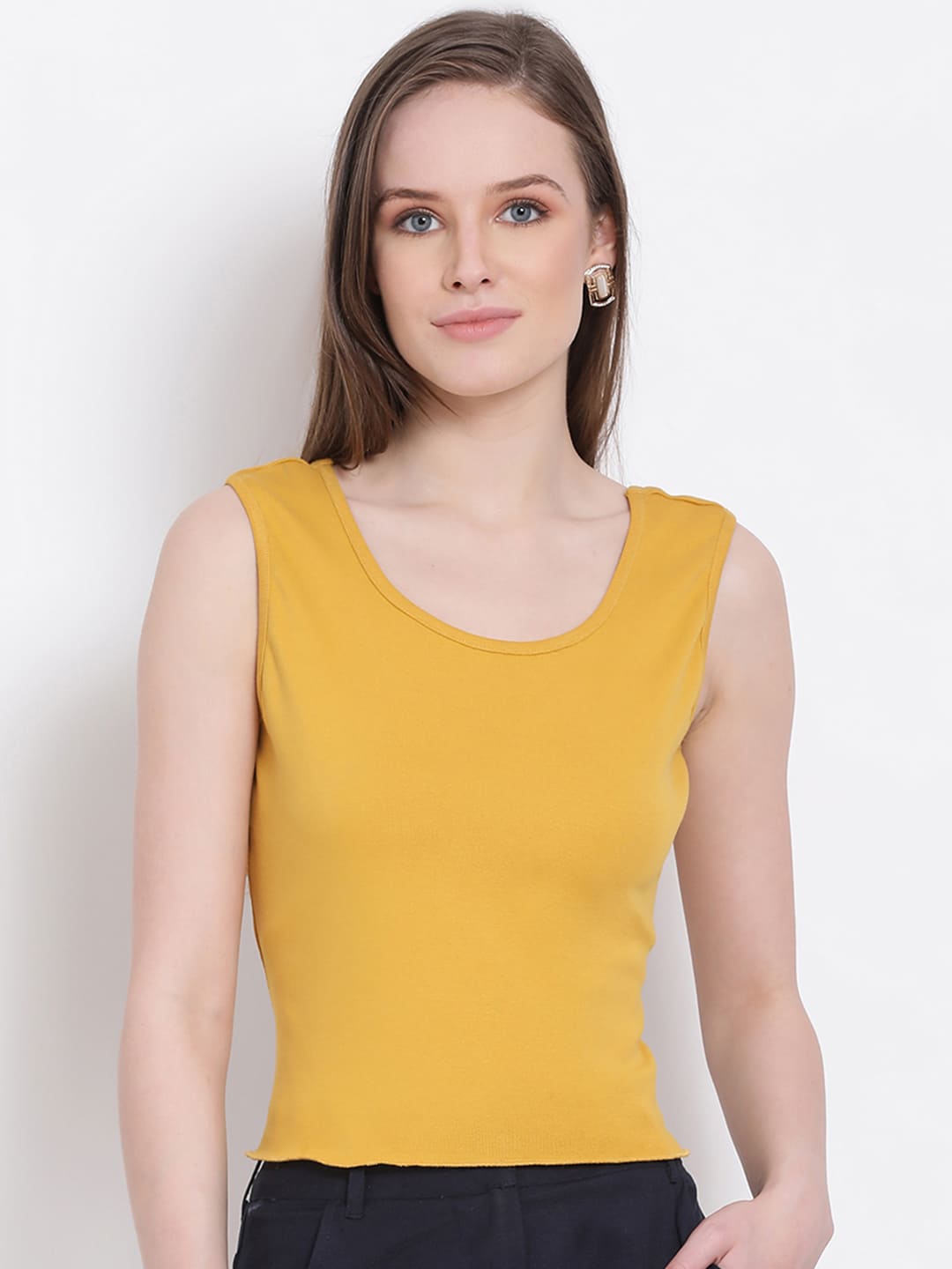 Crop Top,Yellow Top,Crop Top,Round Neck Top,Sleeveless Top,Yellow Solid Top