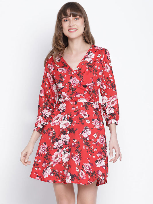 Knee Length,Red Dress,Knee Length Dress,V-Neck Dress,Quater Sleeves Dress,Red Floral Print Dress