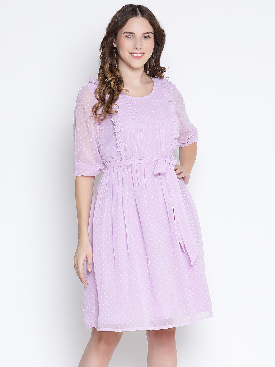 Knee Length,Purple Dress,Knee Length Dress,Round Neck Dress,Short Sleeves Dress,Purple Solid Dress