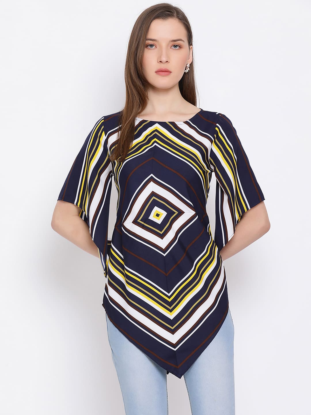 Longline,Blue Top,Longline Top,Round Neck Top,Short Sleeves Top,Blue Printed Top