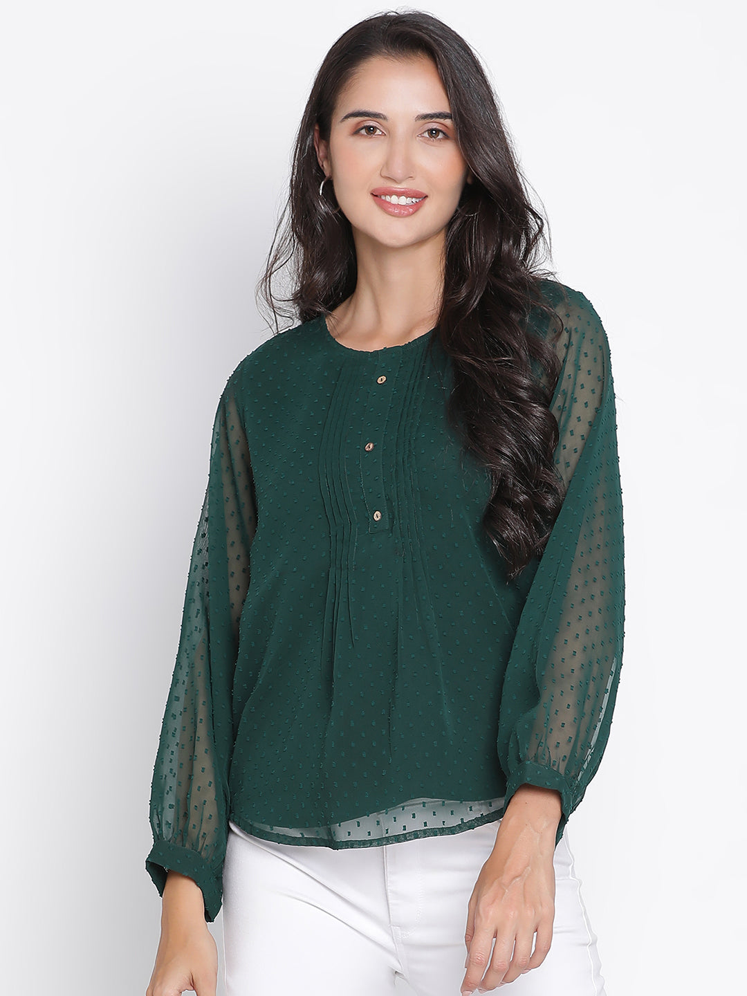 Regular,Green Top,Regular Top,Round Neck Top,Full Sleeves Top,Green Solid Top