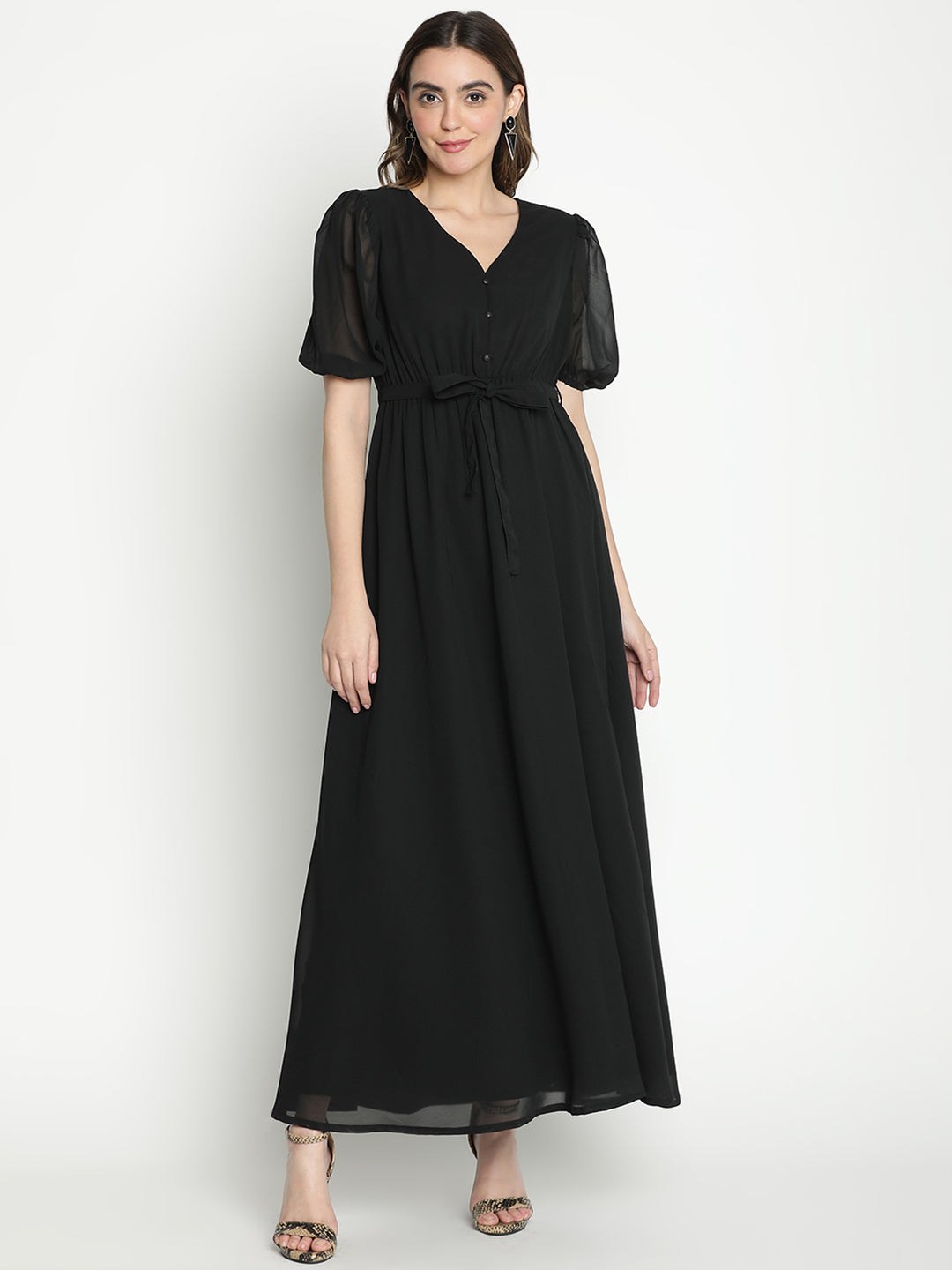 Maxi,Black Dress,Maxi Dress,V-Neck Dress,Short Sleeves Dress,Black Solid Dress