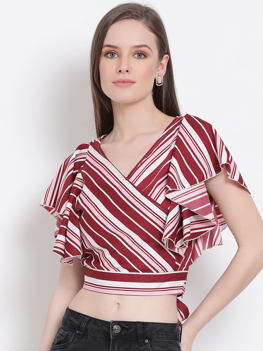 Crop Top,Red Top,Crop Top,V-Neck Top,Short Sleeves Top,Red Striped Top