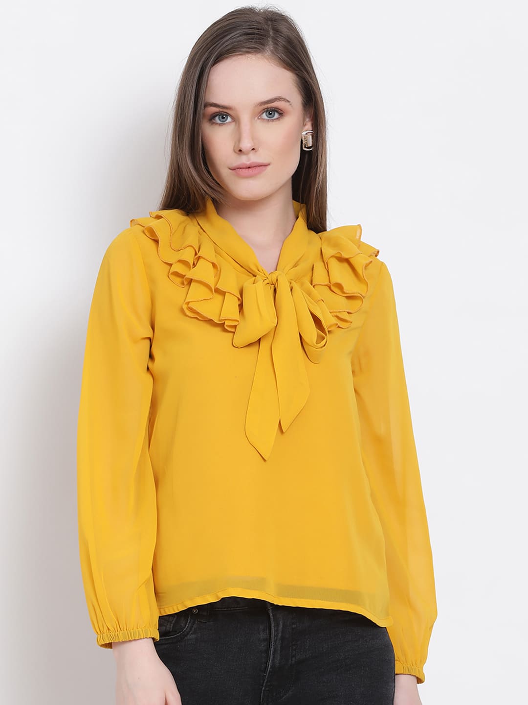 Regular,Yellow Top,Regular Top,V-Neck Top,Full Sleeves Top,Yellow Solid Top