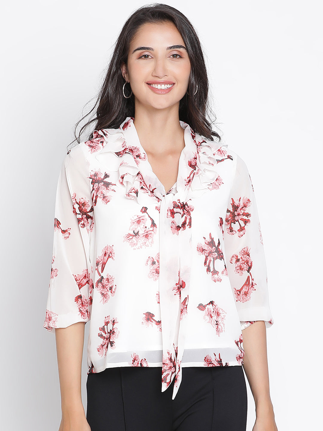 Regular,White Top,Regular Top,V-Neck Top,Quater Sleeves Top,White Floral Print Top