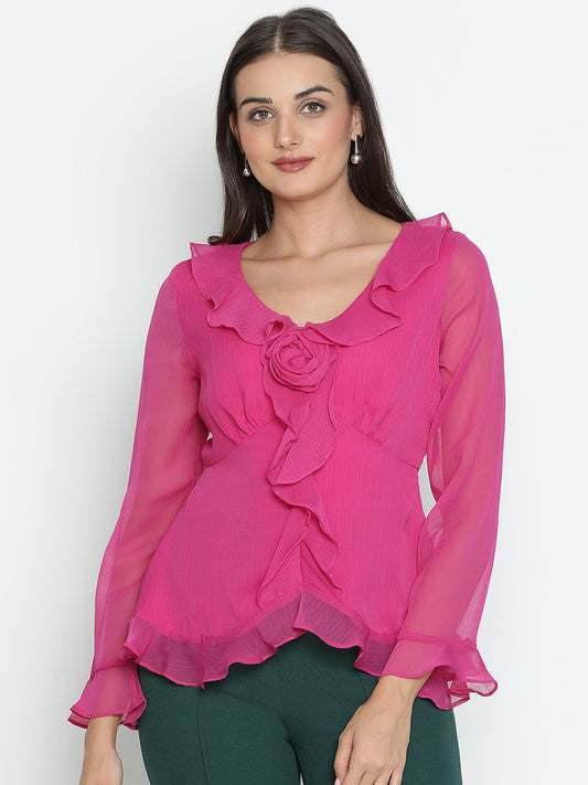 DRAAX FASHIONS Womens Pink Long Sleeve Top with Ruffles in Front