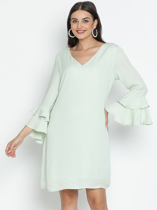 DRAAX FASHIONS महिलाओं के लिए फुल स्लीव्स वी-नेक मिंट ग्रीन ड्रेस