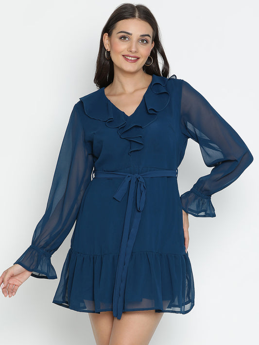 DRAAX FASHIONS महिलाओं के लिए वी-नेक फुल स्लीव्स ब्लू ड्रेस