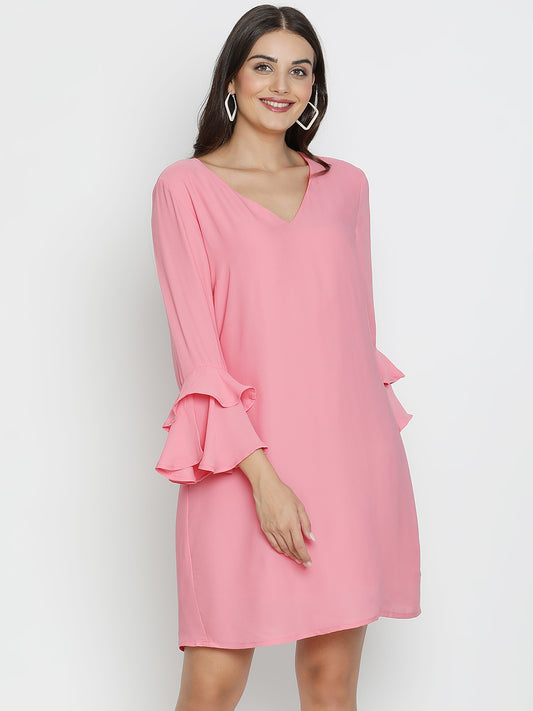 DRAAX FASHIONS महिलाओं के लिए फुल स्लीव्स वी-नेक पिंक ड्रेस