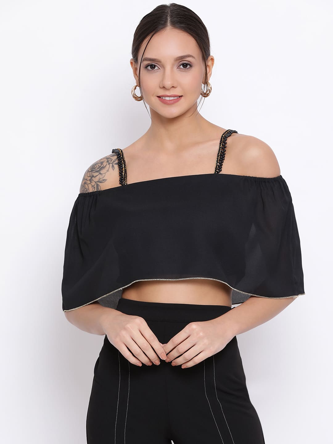 Crop Top,Black Top,Crop Top,Off Shoulder Top,Sleeveless Top,Black Solid Top