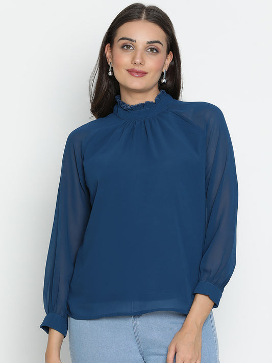 DRAAX FASHIONS Womens Blue Round Neck Full Sleeves Top