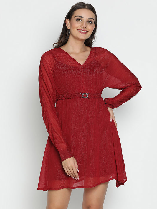 DRAAX FASHIONS Womens Long Sleeve V-Neck Red Dress