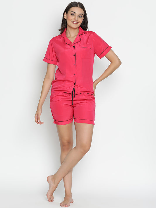 DRAAX FASHIONS महिलाओं के लिए गुलाबी सॉलिड नाइट सेट शर्ट और शॉर्ट्स के साथ