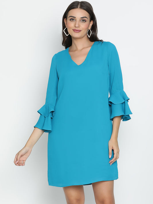 DRAAX FASHIONS महिलाओं के लिए क्वार्टर स्लीव्स वी-नेक ब्लू ड्रेस