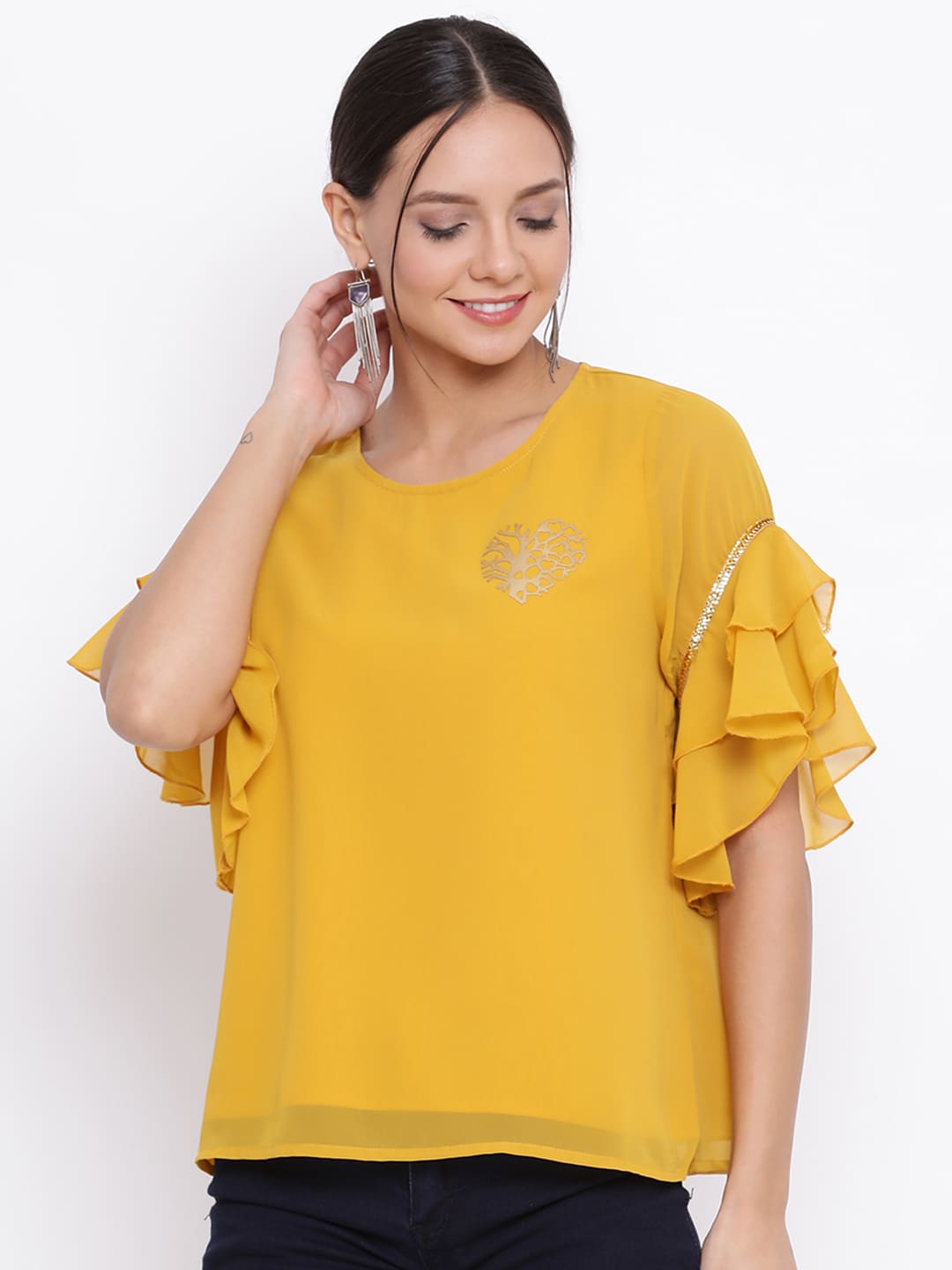 Regular,Yellow Top,Regular Top,Round Neck Top,Short Sleeves Top,Yellow Embellished Top