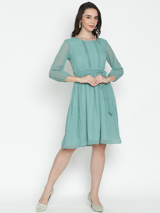 DRAAX FASHIONS Womens Green Solid Quater Sleeves Dress