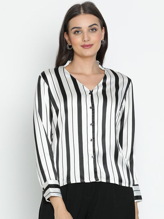 DRAAX FASHIONS Womens Full Sleeves Black & White Striped Satin Shirt Style Top