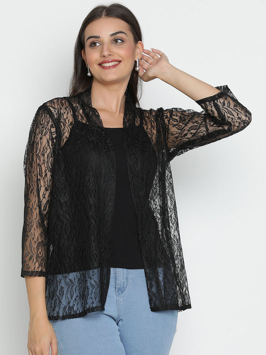 DRAAX FASHIONS Womens Black Net Long Sleeves Shrug