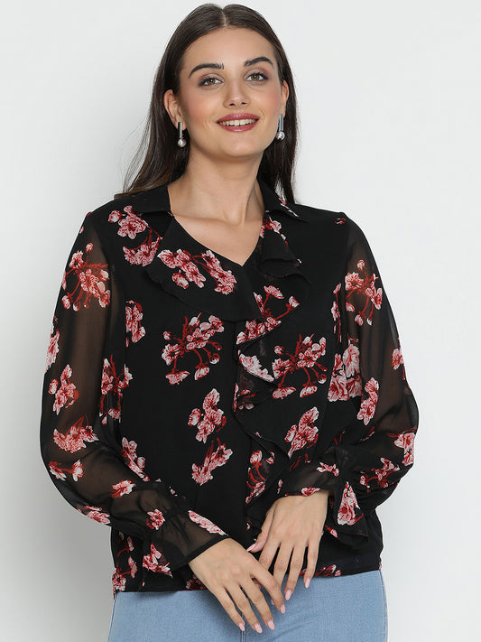 DRAAX FASHIONS Womens Full Sleeves Black Printed V-Neck Top