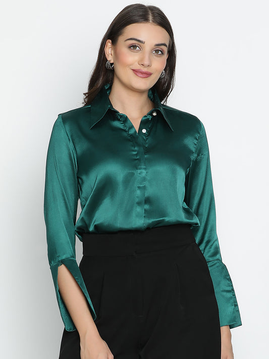 DRAAX FASHIONS Womens Collared Full Sleeves Solid Green Satin Shirt Style Top