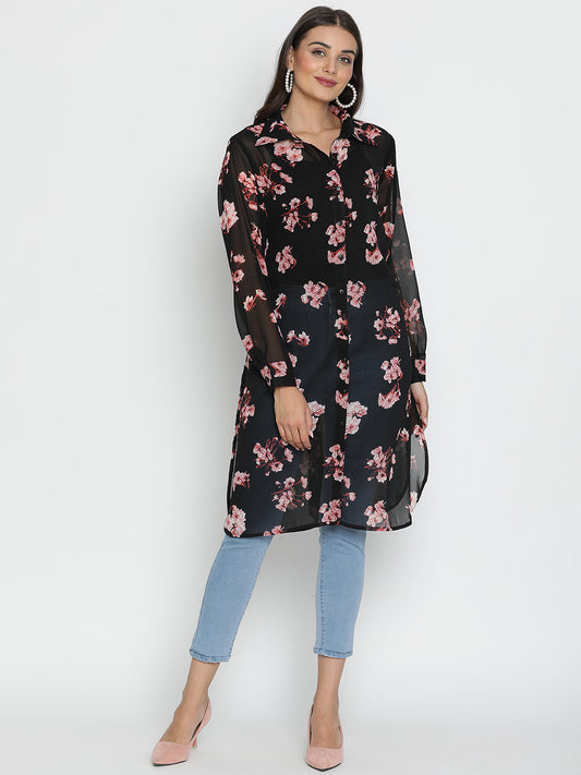DRAAX FASHIONS Womens Black Floral Long Shrug