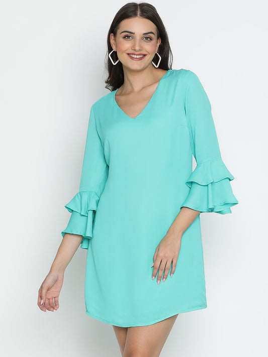 DRAAX FASHIONS महिलाओं के लिए क्वार्टर स्लीव्स वी-नेक लाइट ब्लू ड्रेस