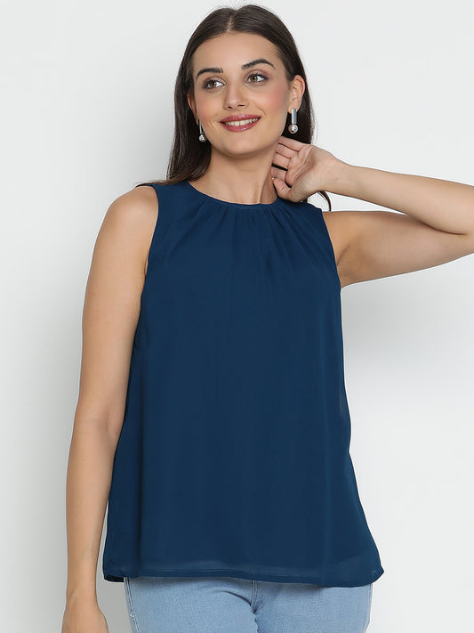 DRAAX FASHIONS Womens Round Neck Blue Sleeveless Top