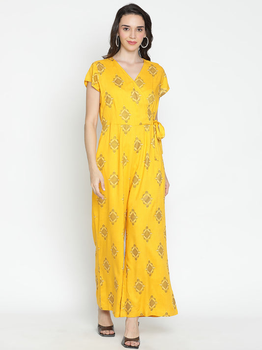 DRAAX FASHIONS Womens Yellow Printed Short Sleeves Jumpsuit