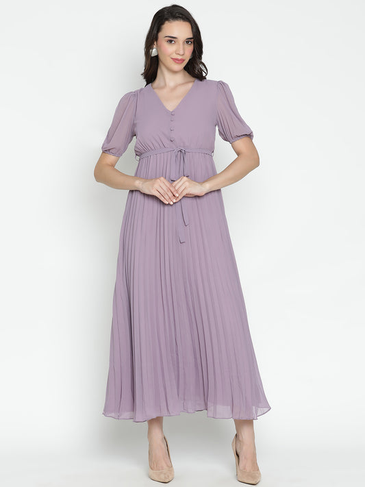 DRAAX FASHIONS V-Neck Pleated Purple Long Dress