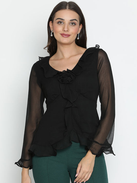 DRAAX FASHIONS Womens Black Long Sleeve Top with Ruffles in Front