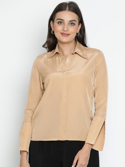 DRAAX FASHIONS Womens Collared Beige Full Sleeves Shirt Style Top