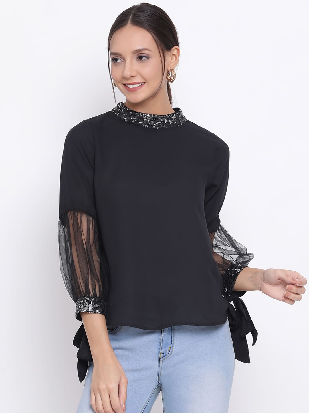 Regular,Black Top,Regular Top,Round Neck Top,Full Sleeves Top,Black Solid Top