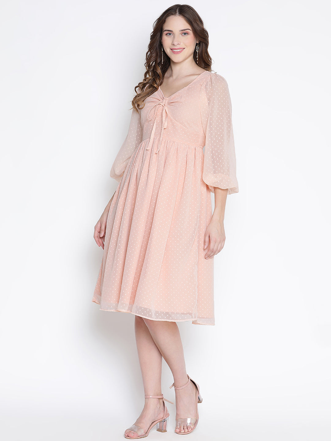 Knee Length,Peach Dress,Knee Length Dress,Collared Neck Dress,Quater Sleeves Dress,Peach Solid Dress