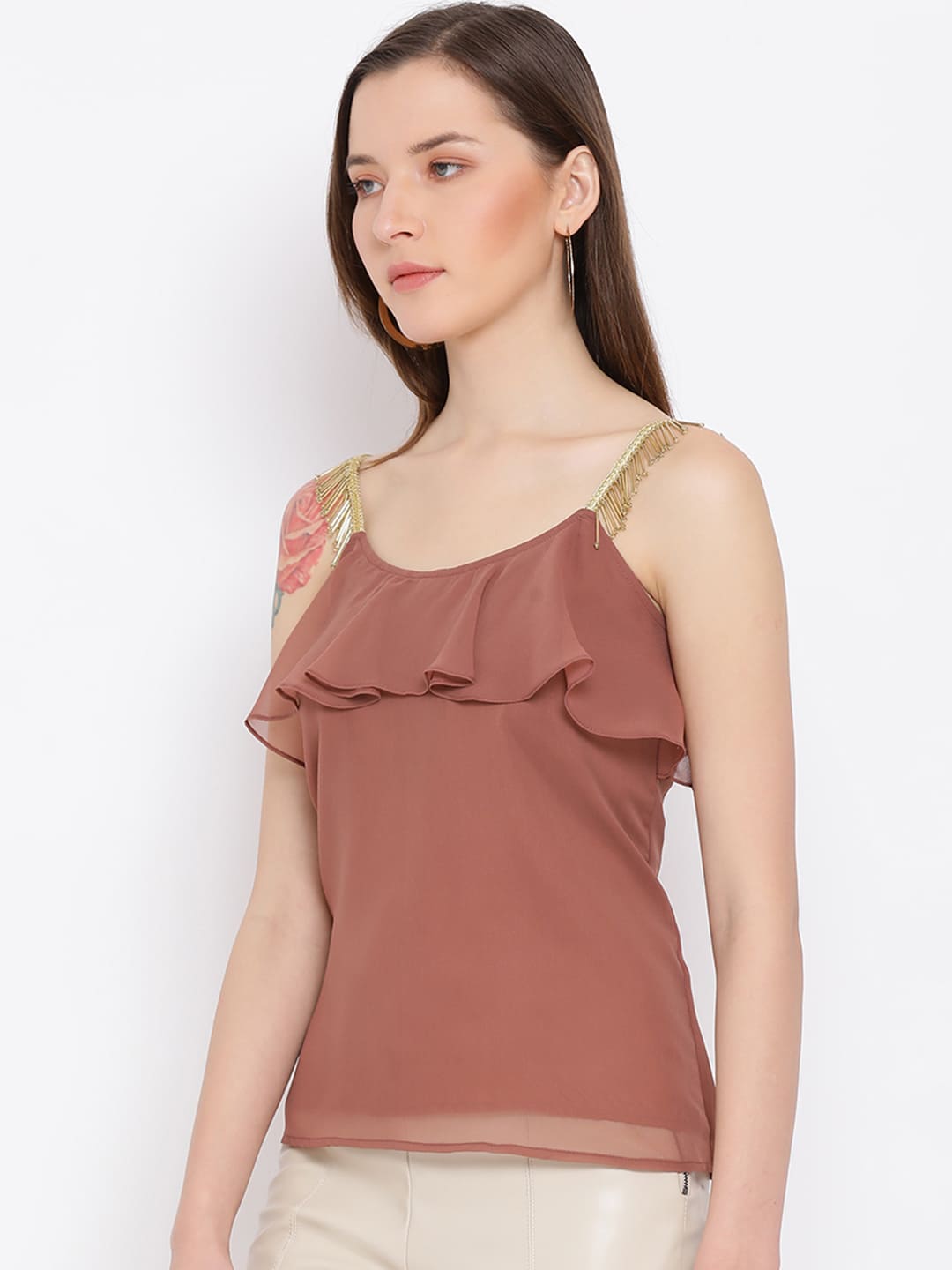 Spaghetti Top,Brown Top,Spaghetti Top,Round Neck Top,Sleeveless Top,Brown Solid Top